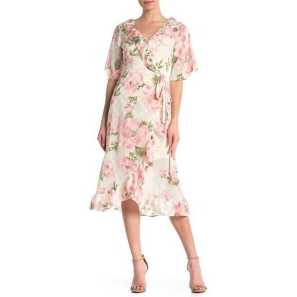 Melloday Ivory & Pink FLORAL Short Sleeve RUFFLE Wrap High Low DRESS SZ XS New